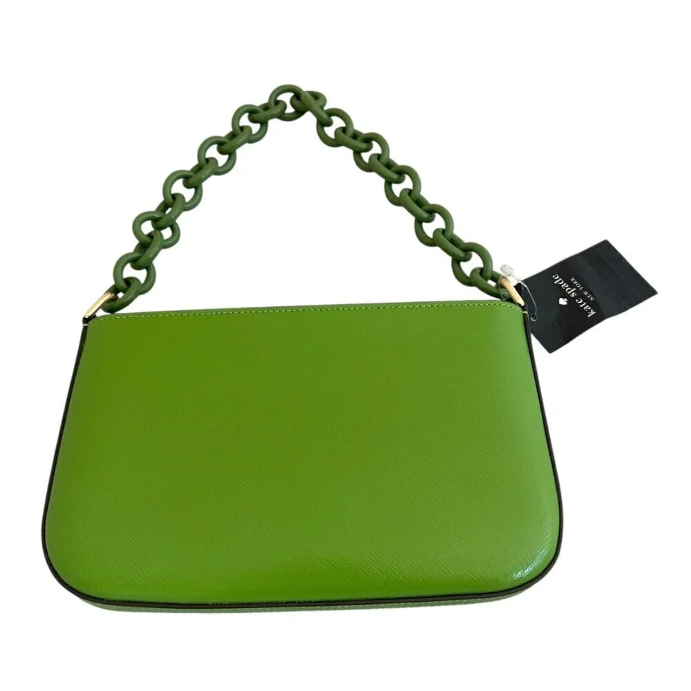Kate Spade Madison Saffiano Pochette Bag + Card Holder Resin Chain Turtle Green